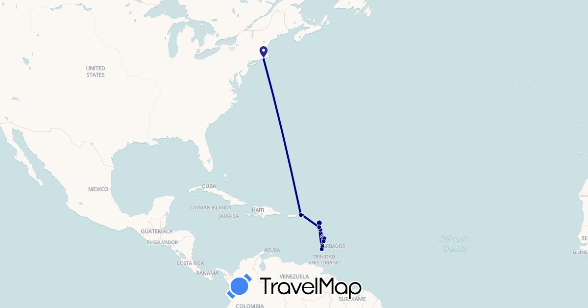 TravelMap itinerary: driving in Antigua and Barbuda, France, Saint Lucia, United States, Saint Vincent and the Grenadines (Europe, North America)